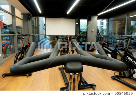 Steering wheel bike simulator classes seat exercise background black sport isolated, for bicycle stationary in workout and aerobics arms, energy handle. History everlast model, 90846039