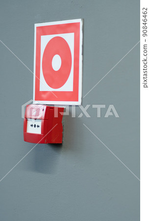 Sign building extinguisher emergency corridor fire red rescue alarm danger, from wall box for warning for background safe, service school. Crisis structure electronic, Sign building extinguisher emergency corridor fire red rescue alarm danger, from wall box for warning for background safe, service school. Crisis structure electronic, 90846462