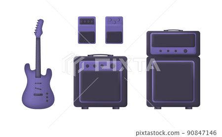 Purple 3d set of electric guitar, amplifyer and guitar pedals Purple 3d set of electric guitar, amplifyer and guitar pedals 90847146