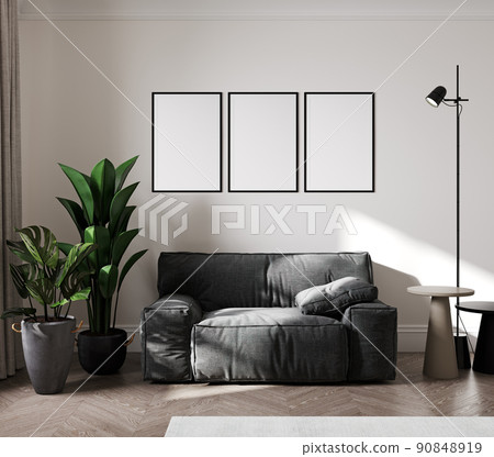 blank three frames mock up in modern living room interior with gray sofa, wooden furniture and palm tropical leaves, 3d rendering blank three frames mock up in modern living room interior with gray sofa, wooden furniture and palm tropical leaves, 3d rendering 90848919