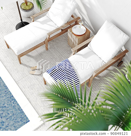 A luxury modern backyard with a swimming pool, sunbed and palm, 3d rendering A luxury modern backyard with a swimming pool, sunbed and palm, 3d rendering 90849121