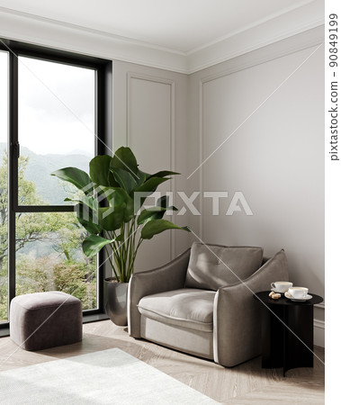 Living room interior with beige sofa, coffee table with cup of coffee and plant, 3D render Living room interior with beige sofa, coffee table with cup of coffee and plant, 3D render 90849199