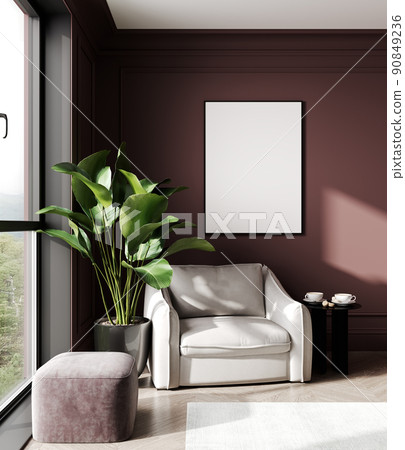mock up poster frame in modern red interior background, living room, Scandinavian style, 3D render, 3D illustration 90849236