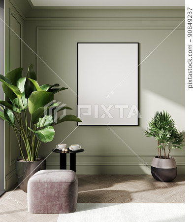 Blank vertical poster frame mock up in scandinavian style living room interior, modern living room interior background, pink pouf and plant, 3d rendering 90849237