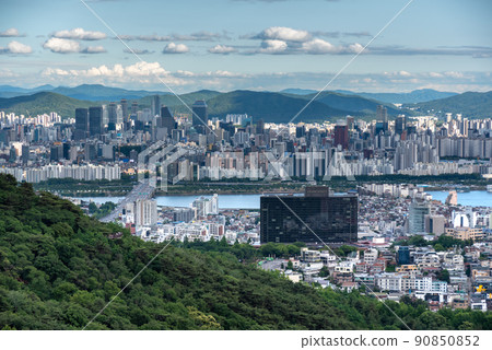 Downtown Seoul cityscape aerial view from Namsan hill, South Korea travel 90850852