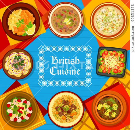 British cuisine menu cover. Irish chowder, Irish stew and salad with potato and anchovy, tomato salad with bacon lettuce, chicken cherry salad and fish with chips, lamb with pearl barley, kidney soup British cuisine menu cover. Irish chowder, Irish stew and salad with potato and anchovy, tomato salad with bacon lettuce, chicken cherry salad and fish with chips, lamb with pearl barley, kidney soup 90851338