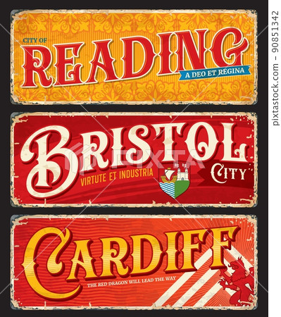 Reading, Bristol, Cardiff, UK city travel plates and England luggage tags, vector stickers. UK tin signs with England county flag, city landmark or emblems, travel plates and grunge signs Reading, Bristol, Cardiff, UK city travel plates and England luggage tags, vector stickers. UK tin signs with England county flag, city landmark or emblems, travel plates and grunge signs 90851342