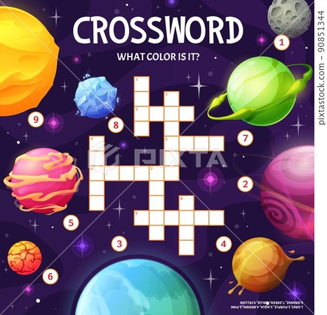 Cartoon galaxy space planets crossword grid worksheet. Find a word quiz game, color education vector puzzle and riddle on background of universe space with stars, asteroids, pink, blue, green planets Cartoon galaxy space planets crossword grid worksheet. Find a word quiz game, color education vector puzzle and riddle on background of universe space with stars, asteroids, pink, blue, green planets 90851344