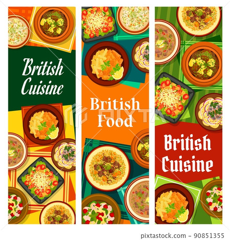 British cuisine banners. Lamb with pearl barley, chicken cherry salad and kidney soup, tomato salad with bacon lettuce, fish with chips and potato and anchovy salad, Irish fish chowder, Irish stew British cuisine banners. Lamb with pearl barley, chicken cherry salad and kidney soup, tomato salad with bacon lettuce, fish with chips and potato and anchovy salad, Irish fish chowder, Irish stew 90851355