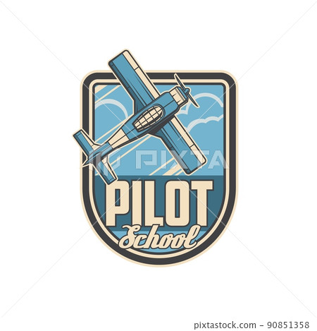 Pilot school vector symbol of retro plane or airplane flying in sky with blue clouds and vapor trails. Vintage aircraft with propeller shield badge of airline pilot training, flight school or academy Pilot school vector symbol of retro plane or airplane flying in sky with blue clouds and vapor trails. Vintage aircraft with propeller shield badge of airline pilot training, flight school or academy 90851358