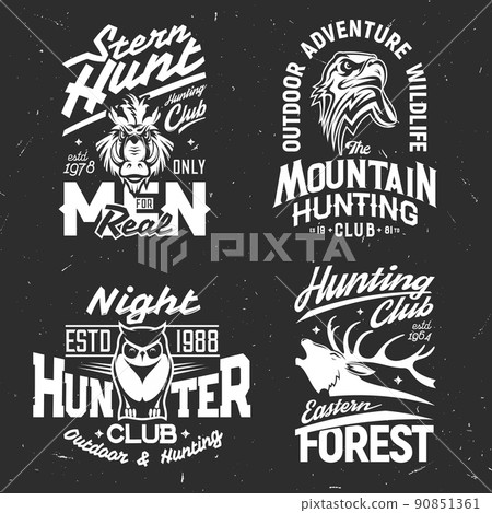 Tshirt prints with wild animals and birds mascots for hunting club, apparel vector design. Isolated labels with boar, reindeer, eagle and owl with typography. Monochrome t shirt prints, emblems set Tshirt prints with wild animals and birds mascots for hunting club, apparel vector design. Isolated labels with boar, reindeer, eagle and owl with typography. Monochrome t shirt prints, emblems set 90851361