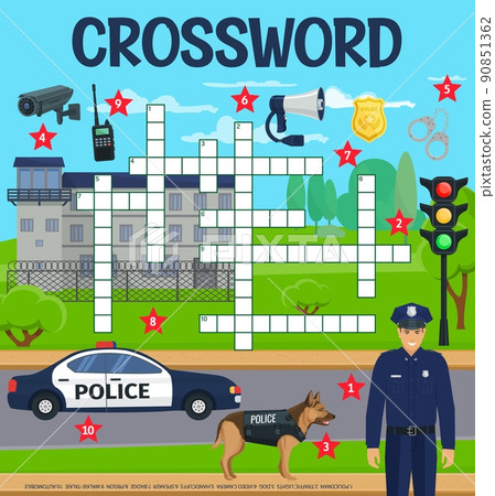 Police, law or policeman, crossword grid worksheet, find word quiz. Crossword vector puzzle or riddle grid to guess police automobile, traffic lights and handcuffs with prison and walkie-talkie 90851362