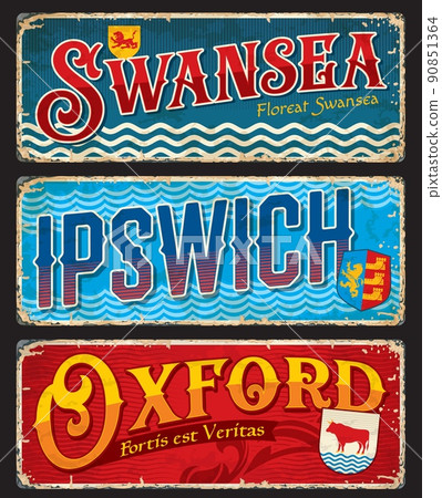 Swansea, Ipswich, Oxford city travel plates and stickers, England luggage tags, vector tin signs. UK county travel plates with city landmarks, flag emblems and symbols on grunge plaque banners Swansea, Ipswich, Oxford city travel plates and stickers, England luggage tags, vector tin signs. UK county travel plates with city landmarks, flag emblems and symbols on grunge plaque banners 90851364