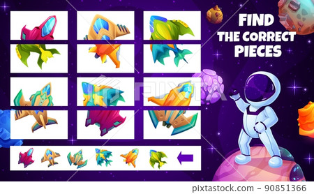 Help to astronaut find a pieces of starship, kids game worksheet. Cartoon match the halves vector test with spaceships, rockets or shuttles in space. Riddle for children logic activity, education task Help to astronaut find a pieces of starship, kids game worksheet. Cartoon match the halves vector test with spaceships, rockets or shuttles in space. Riddle for children logic activity, education task 90851366