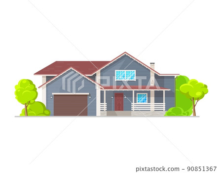 Residential neighborhood home exterior with siding planks facade. Suburban townhouse exterior, flat vector contemporary cottage facade. Neighborhood real estate property home with terrace and garage Residential neighborhood home exterior with siding planks facade. Suburban townhouse exterior, flat vector contemporary cottage facade. Neighborhood real estate property home with terrace and garage 90851367