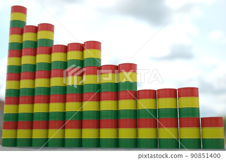 Rows of steel oil barrels with flag of Bolivia form downward trend. Petroleum industry crisis concept, 3D rendering Rows of steel oil barrels with flag of Bolivia form downward trend. Petroleum industry crisis concept, 3D rendering 90851400