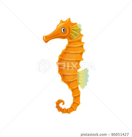 Cartoon sea horse fish, underwater animal. Isolated aquatic vector seahorse creature with orange color body and long curve tail. Tropical ocean hippocampus marine inhabitant 90851427