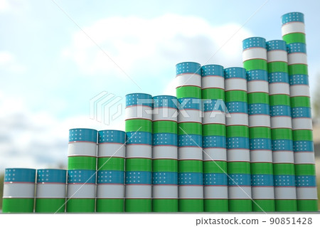 Steel oil drums with flag of Uzbekistan form increasing chart or upwards trend. Petrochemical industry growth concept, 3D rendering 90851428