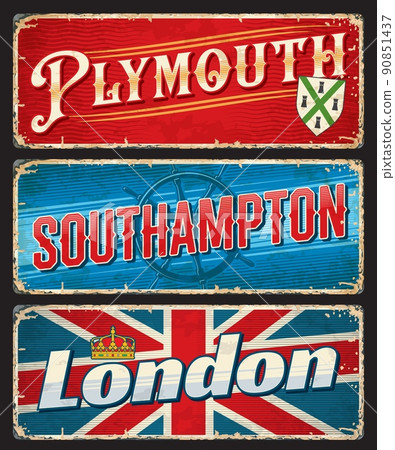London, Plymouth, Southampton city travel plates and stickers, UK vector luggage tags. England county cities tin signs and travel plates with English landmarks, flag, emblems and symbols London, Plymouth, Southampton city travel plates and stickers, UK vector luggage tags. England county cities tin signs and travel plates with English landmarks, flag, emblems and symbols 90851437