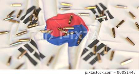 Bullet shells on the flag of South Korea. War or crime related 3D rendering Bullet shells on the flag of South Korea. War or crime related 3D rendering 90851443