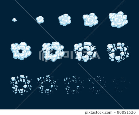 Cartoon smoke explosion, game sprite asset and animate effect, vector clouds. Steam or bomb fog blast of boom explode with puff and steam or powder smoke explosion and shot cloud for comic animation 90851520