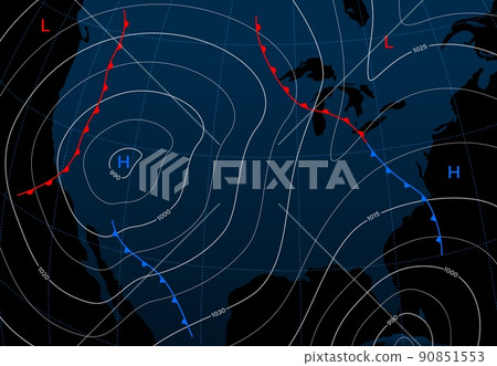 Forecast weather isobar map, meteorology wind front vector diagram. Synoptic chart of surface weather analysis with atmospheric pressure isobars, temperature isotherms and cold front boundary Forecast weather isobar map, meteorology wind front vector diagram. Synoptic chart of surface weather analysis with atmospheric pressure isobars, temperature isotherms and cold front boundary 90851553