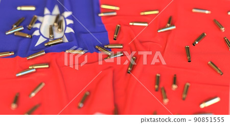 Scattered bullet shells on the flag of Taiwan. Crime or violence related 3D rendering 90851555