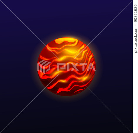 Cartoon red planet with hot lava surface, space and fantasy galaxy world, vector alien earth. Fantastic planet in galactic with craters of volcano magma, sun or burning asteroid and cosmic meteorite 90851626