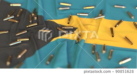 Scattered bullet shells on the flag of Bahamas. Crime or violence related 3D rendering 90851628