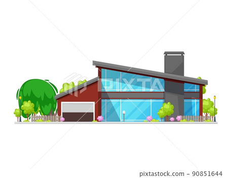 Luxurious modern house with car garage and large windows, vector home exterior. Luxury modern townhouse apartments or villa cottage and mansion, loft lodge building and suburban architecture facade 90851644