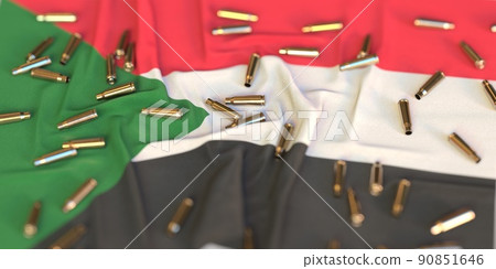 Flag of Sudan and bullet shells. Crime or war related 3D rendering Flag of Sudan and bullet shells. Crime or war related 3D rendering 90851646