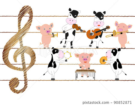 Cows and pigs are singing songs and playing musical instruments. 90852871