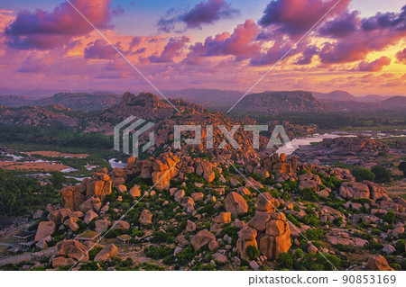 Beautiful evening view of Hampi ruins from Matanga Hill 90853169