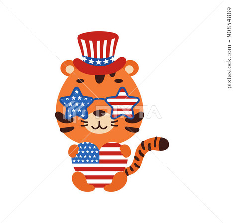 Cute little tiger holding heart in USA patriotic hat and glasses. Cartoon animal character for kids t-shirt, decoration, baby shower, greeting card, house interior. Vector stock illustration Cute little tiger holding heart in USA patriotic hat and glasses. Cartoon animal character for kids t-shirt, decoration, baby shower, greeting card, house interior. Vector stock illustration 90854889