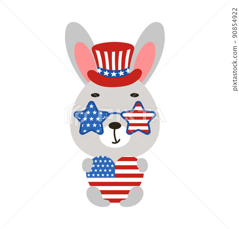 Cute little bunny holding heart in USA patriotic hat and glasses. Cartoon animal character for kids t-shirt, decoration, baby shower, greeting card, house interior. Vector stock illustration Cute little bunny holding heart in USA patriotic hat and glasses. Cartoon animal character for kids t-shirt, decoration, baby shower, greeting card, house interior. Vector stock illustration 90854922