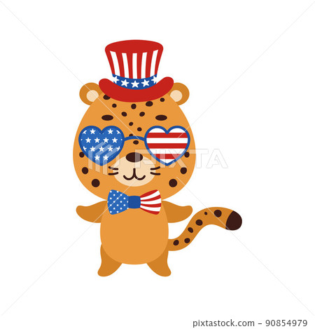 Cute little jaguar in USA patriotic hat and glasses. Cartoon animal character for kids t-shirt, decoration, baby shower, greeting card, invitation, house interior. Vector stock illustration. Cute little jaguar in USA patriotic hat and glasses. Cartoon animal character for kids t-shirt, decoration, baby shower, greeting card, invitation, house interior. Vector stock illustration. 90854979