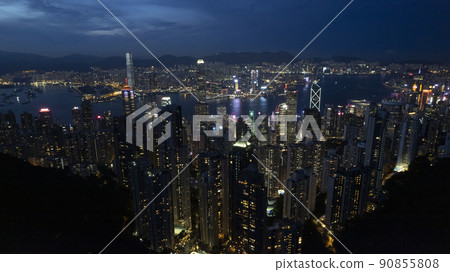 Central business zone with Victoria Harbour in drone point of view at night 90855808