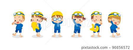 Illustration set of cute little children wearing genderless swimsuits White background variation Illustration set of cute little children wearing genderless swimsuits White background variation 90856572