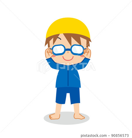 Illustration of a cute little boy in a genderless swimsuit White background vector clip art 90856573
