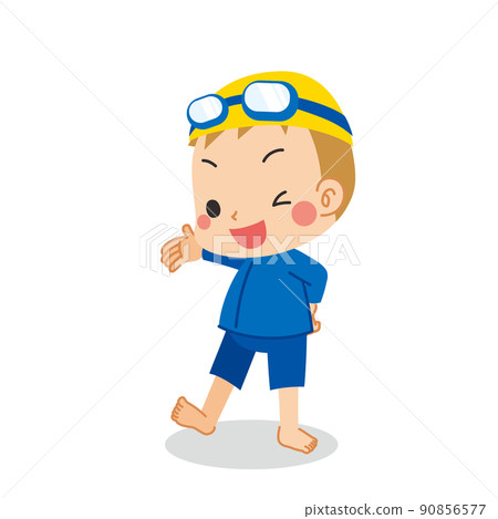 一個穿著無性別泳衣的可愛小男孩的插圖白色背景矢量剪貼畫 90856577