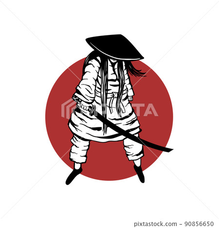 A beautiful samurai girl in Japanese armor with a katana on her shoulder, standing in profile against the red sun. 2D illustration. A beautiful samurai girl in Japanese armor with a katana on her shoulder, standing in profile against the red sun. 2D illustration. 90856650