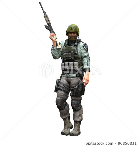 Soldier with a machine gun isolated white background 3d illustration 90856831