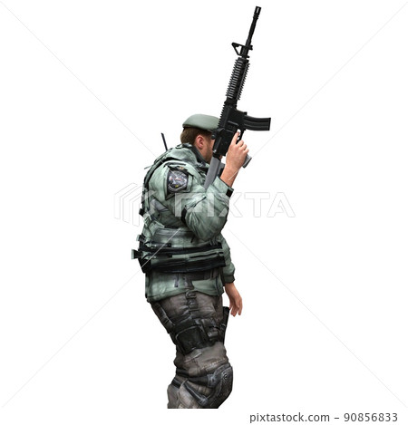 Soldier with a machine gun isolated white background 3d illustration 90856833