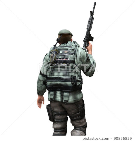 Soldier with a machine gun isolated white background 3d illustration 90856839