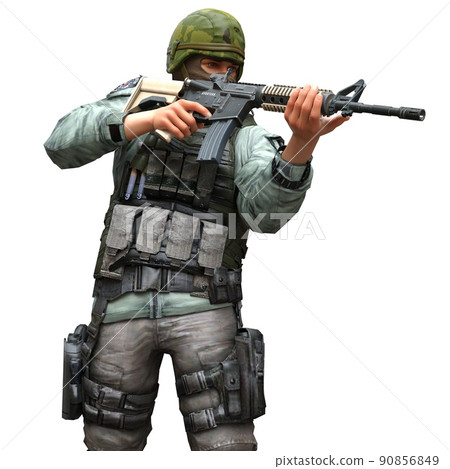 Soldier with a machine gun isolated white background 3d illustration 90856849
