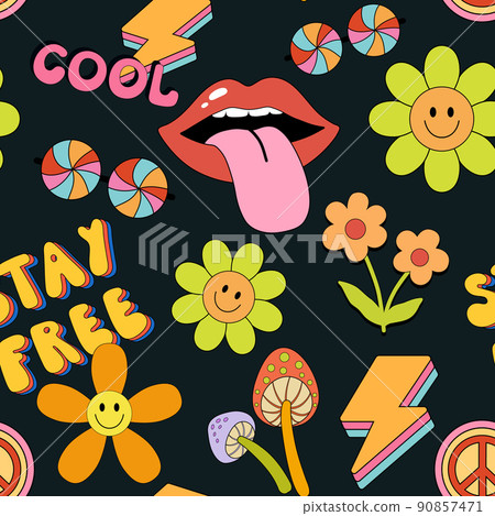 Psychedelic trippy seamless pattern. Mushroom, lips and smiling daisy on dark background, Vector cartoon endless design. Hippie background 90857471