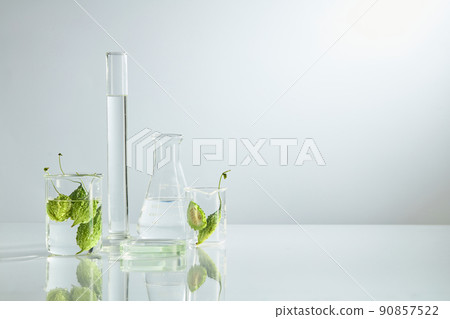 Front view of bitter melon decorated with laboratory equipment in white background 90857522