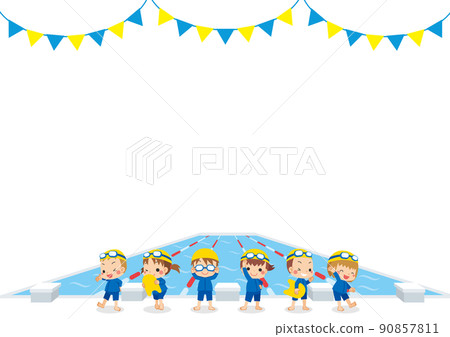 Illustration of cute children standing by the pool wearing genderless swimwear Copy space background Illustration of cute children standing by the pool wearing genderless swimwear Copy space background 90857811