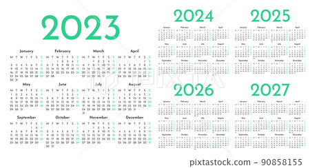 Set of green and white monthly calendar templates for 2023, 2024, 2025, 2026, 2027 years 90858155