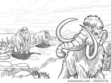 Graphic mammoths walking in a snowy mountain landscape Graphic mammoths walking in a snowy mountain landscape 90858156